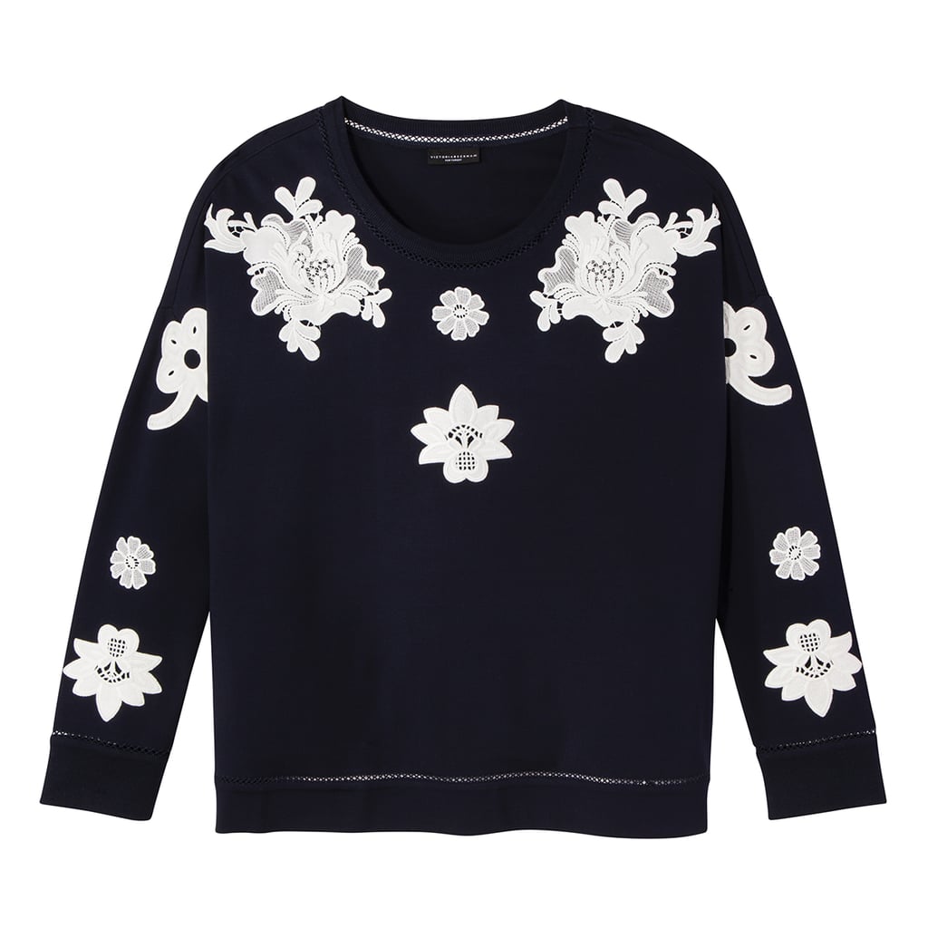 Navy and White Floral Lace Appliqué Sweat Top ($30)