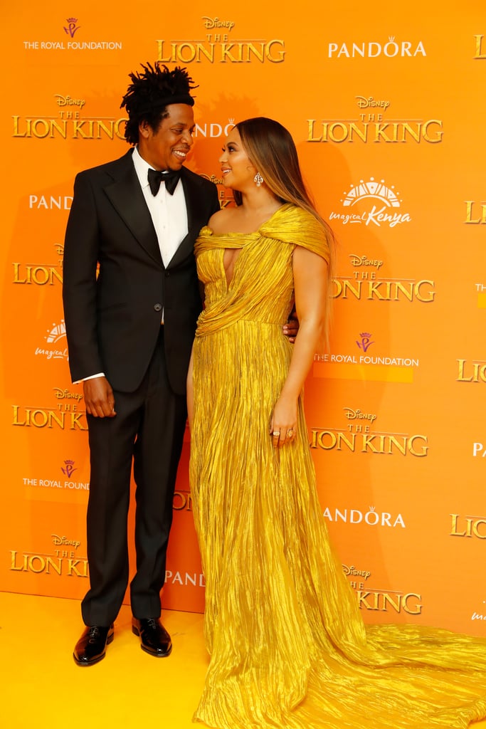 JAY-Z supported Beyoncé at the Lion King UK premiere, for which she wore a custom Cong Tri gown with Lorraine Schwartz jewels and Jimmy Choo heels. They emitted clear regal elegance.