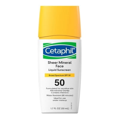 最好的药店防晒霜:Cetaphil透明矿物面部液体滴SPF 50＂class=