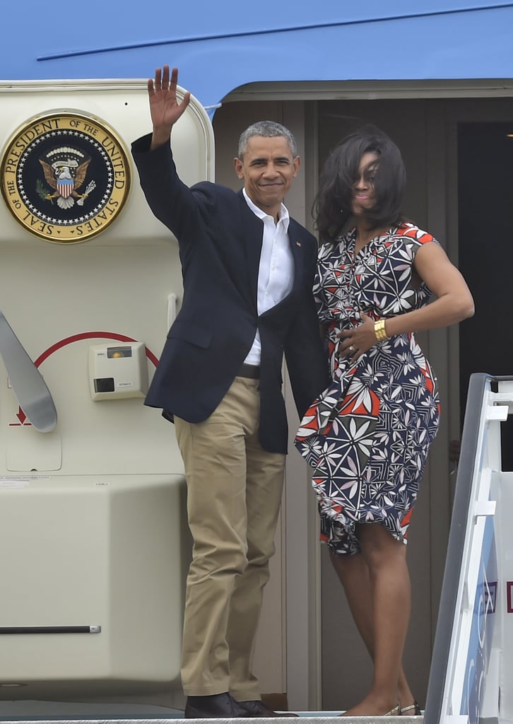 Michelle Obama wearing a Tory Burch dress to board Air Force One after the family's trip to Cuba in 2016.