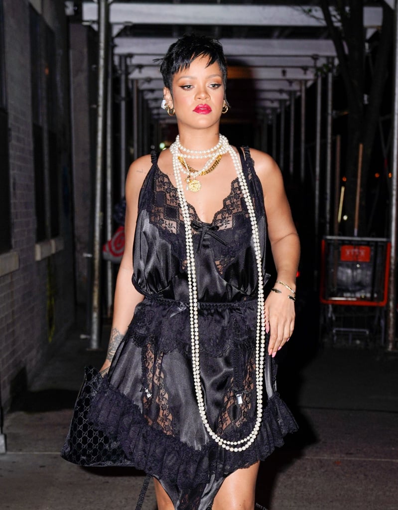 Rihanna Wears Black Lace Slip Dress For Dinner in NYC