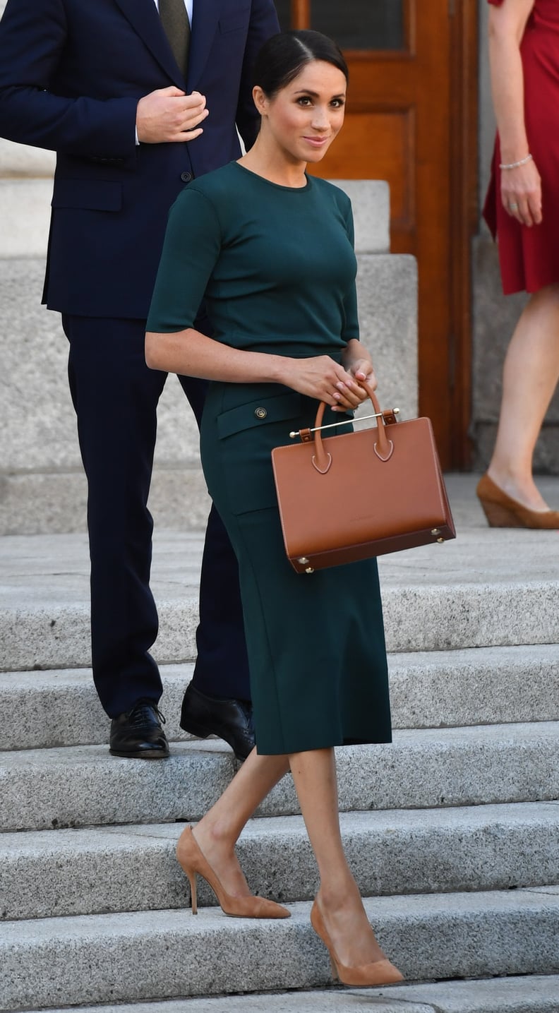 ‎Meghan Markle Carrying a Strathberry Midi Tote Bag in Tan Bridle Leather
