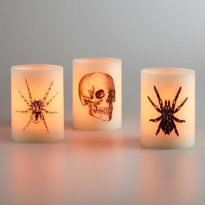 Bug and Skull Flameless LED Pillar Candles Set of 3 ($24)