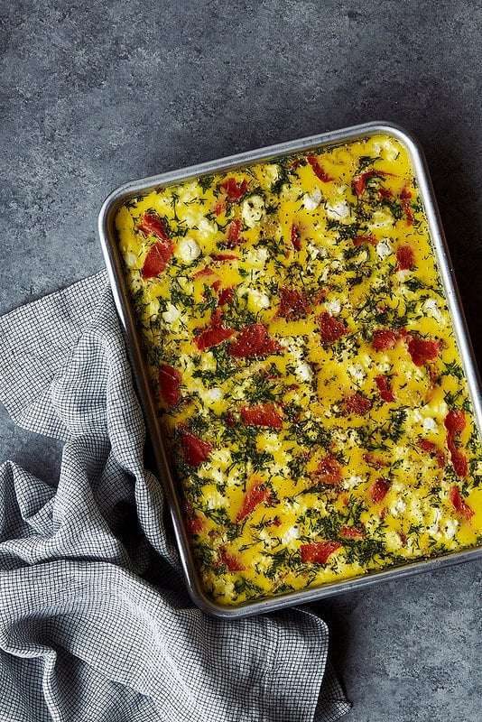 Sheet-Pan Crustless Quiche With Smoked Salmon and Goat Cheese