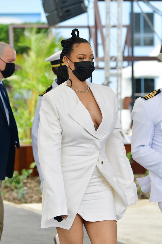 Rihanna Wears a White Dress and Blazer in Barbados