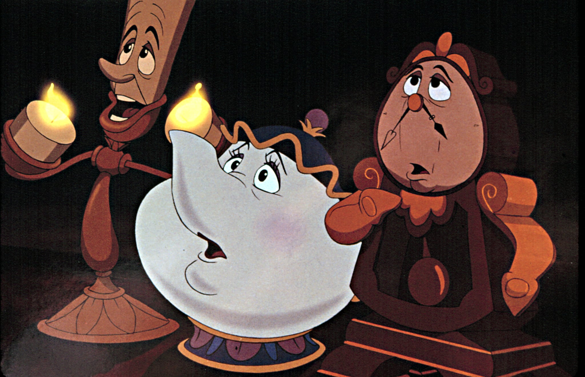 BEAUTY AND THE BEAST, Disney animation, Lumiere (candelabra), Mrs.Potts (Teapot), Cogsworth (Clock), 1991.
