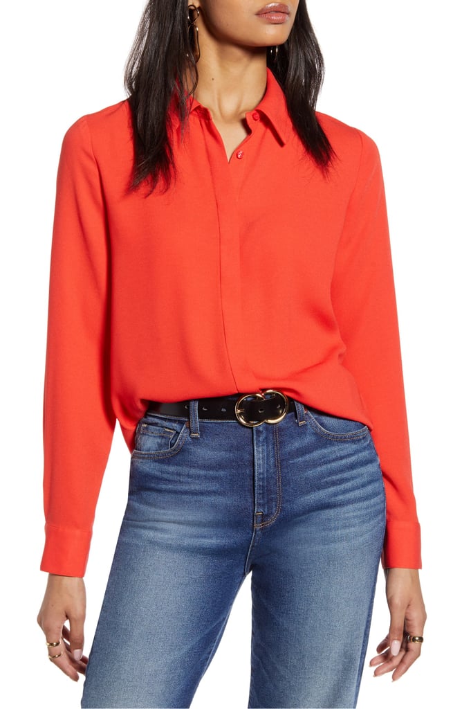 Halogen Hidden Button Long-Sleeve Blouse