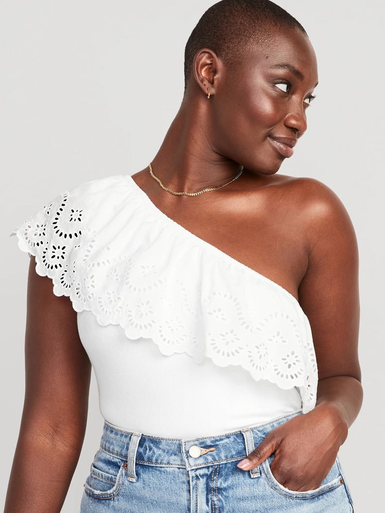 White Eyelet Embroidered Top - Cropped Lace Top - Ruffled Crop To