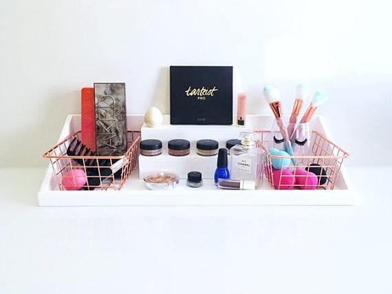 Wall Mounted Makeup Organiser With Rose Gold Storage Bins