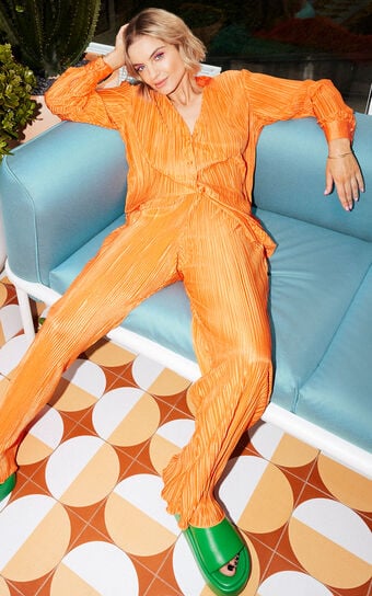 Beca Plisse Button-Up Shirt in Bright Orange