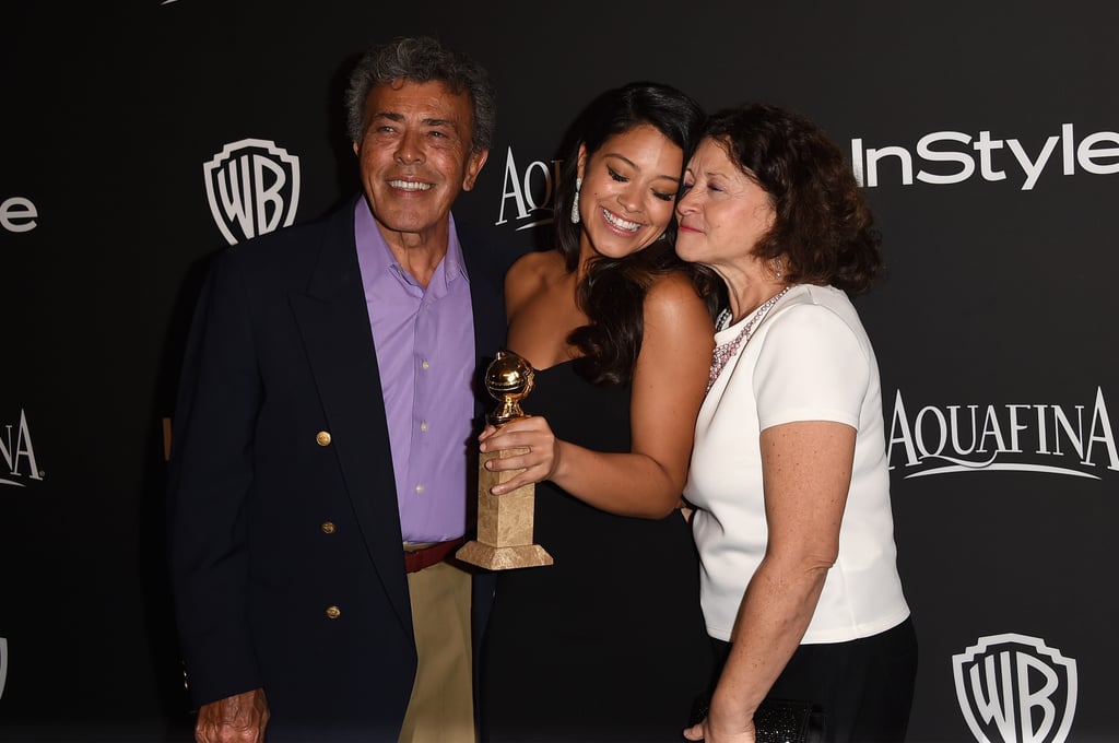 So sweet! Gina Rodriguez celebrated her Golden Globes win with her parents, Genaro and Magali, at the InStyle afterparty.
