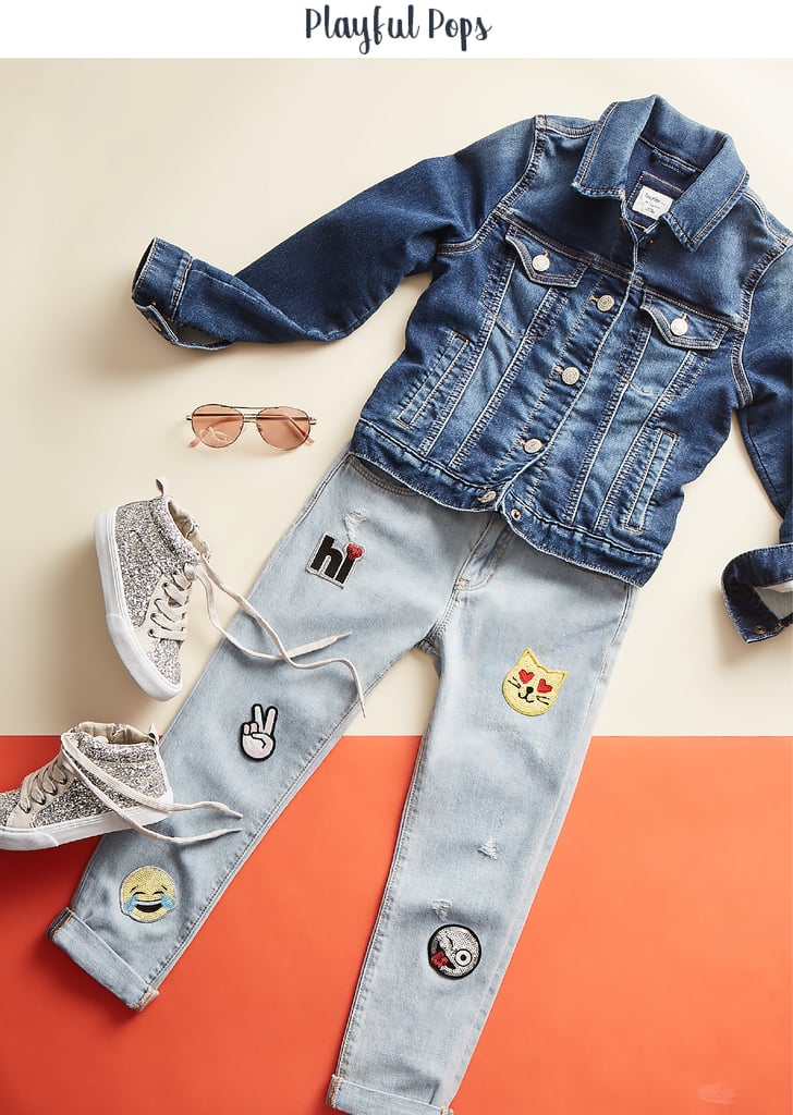 Pick out a t-shirt that's so very her to pair with these sequin patch girlfriend jeans ($49.95). Finish the outfit with a denim jacket ($39.95) for a look that is soft and trendy. Aviator sunglasses ($14.95) and flashy kicks that fit her taste, like these glitter hi-top sneakers ($54.95), take it to the next level of self-assuredness.
Confidence-boosting tip: Sometimes kids do things that parents fear might lead to failure, but letting kids take safe risks (like experimenting with outfits) helps them build self-esteem and figure out how to tackle setbacks.