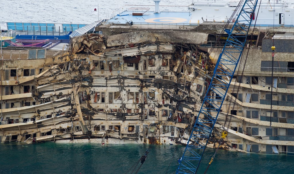Severe damage could be seen on the Costa Concordia after the successful parbuckling operation.