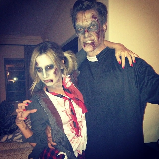Ashley Tisdale was a zombie schoolgirl while her fiancé Christopher French dressed as a dead priest.
Source: Instagram user ashleytis