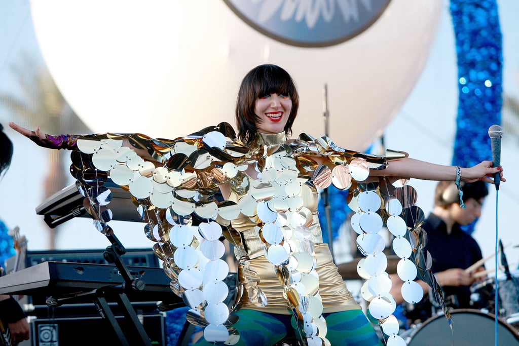Wearing a shimmering outfit while performing at Coachella in 2009.