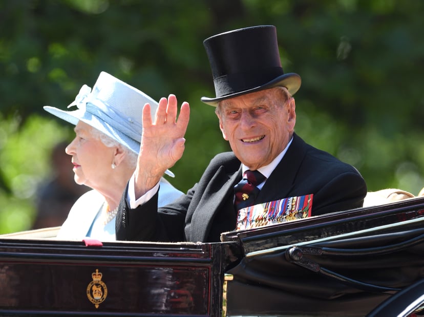 LONDON, ENGLAND - JUNE 17:  Queen Elizabeth II and Prince Philip, Duke of Edinburgh ride by carriage during the annual Trooping The Colour parade at the Mall on June 17, 2017 in London, England.  (Photo by Karwai Tang/WireImage)