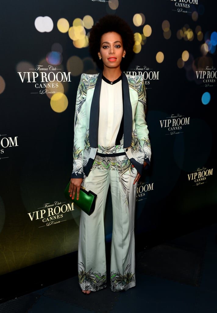 Solange Knowles worked the menswear vibe in a printed Roberto Cavalli suit at the Belvedere's party.
Solange Knowles worked the menswear vibe in a printed Roberto Cavalli suit at the Belvedere's party.