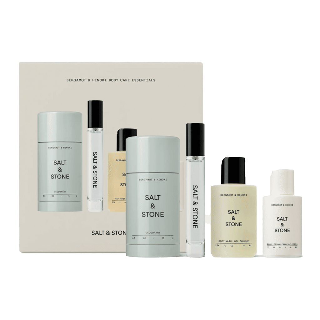 Salt & Stone Bergamot & Hinoki Body Care Essentials ($38)
Restorative skin care is even more important for people who travel. External stressors like pollution or the inexplicably dry air on an airplane often feel like public enemy number one — this gift can help. The travel-size four-piece set, featuring a Bergamot & Hinoki deodorant, body mist, body lotion, and body wash, was built to hydrate head to toe.