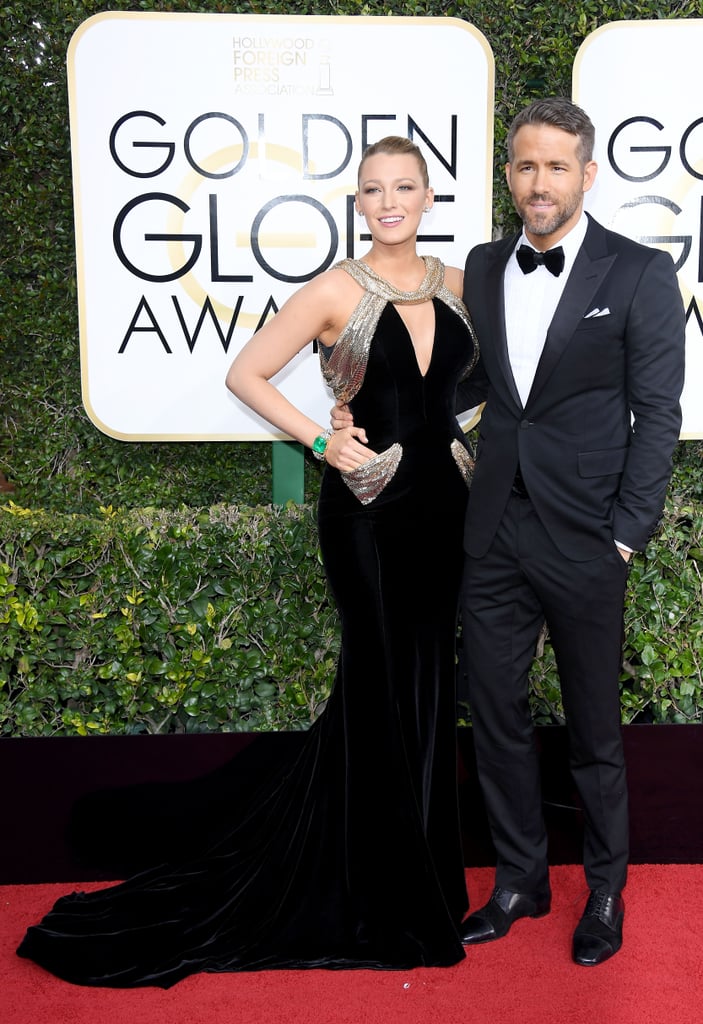 Wearing a custom Atelier Versace dress, Christian Louboutin shoes, and Lorraine Schwartz jewels to the 2017 Golden Globe Awards.