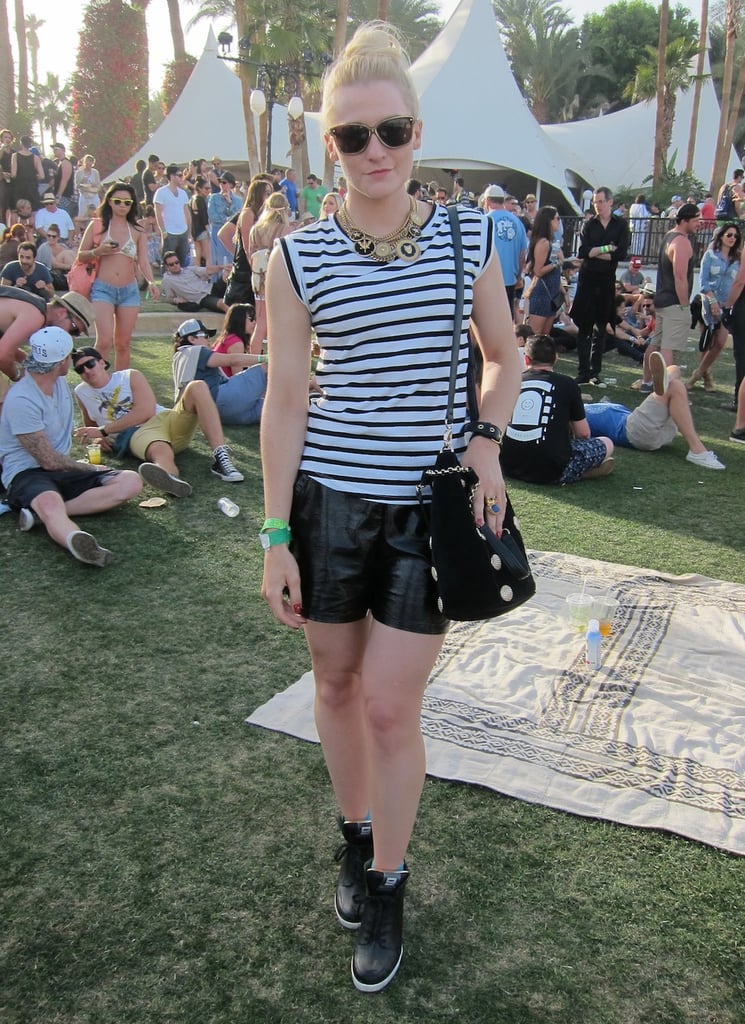 POPSUGAR editor Lindsay Miller looked sporty cool in a classic striped tee paired with patent Karl shorts and wedge sneakers.
Source: Chi Diem Chau