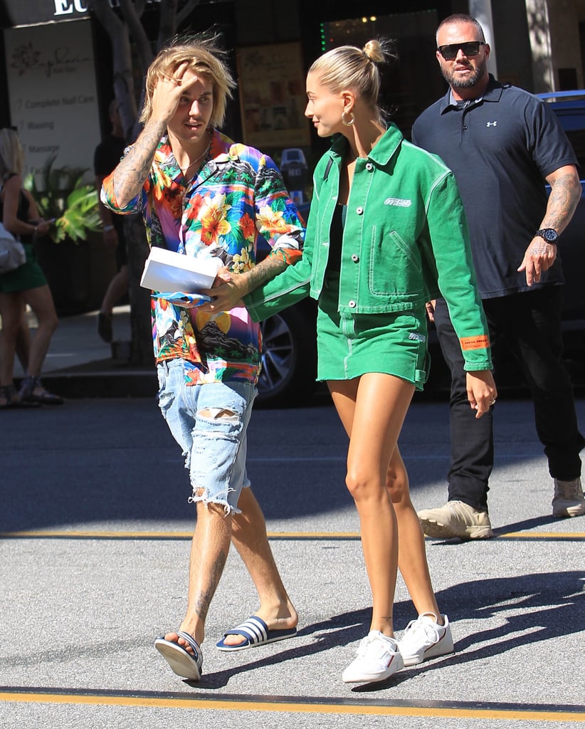 Hailey wore a Kelly green denim suit set when she stepped out with Justin in LA in August.