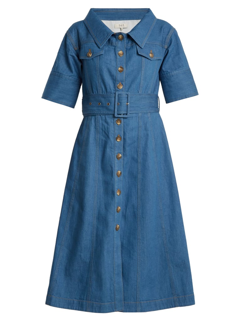 SEA Short-Sleeved Denim Midid Dress