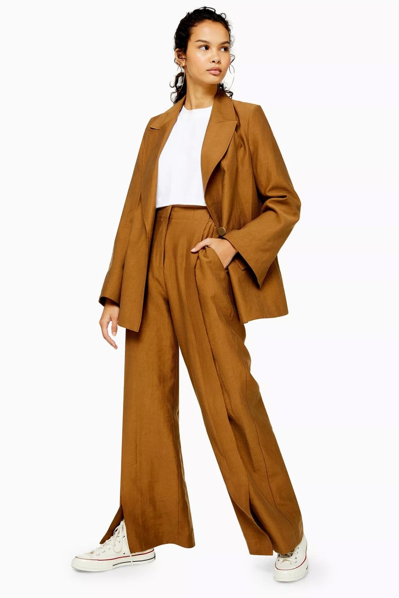 Dark Camel Wide Leg Raw Hem Trousers