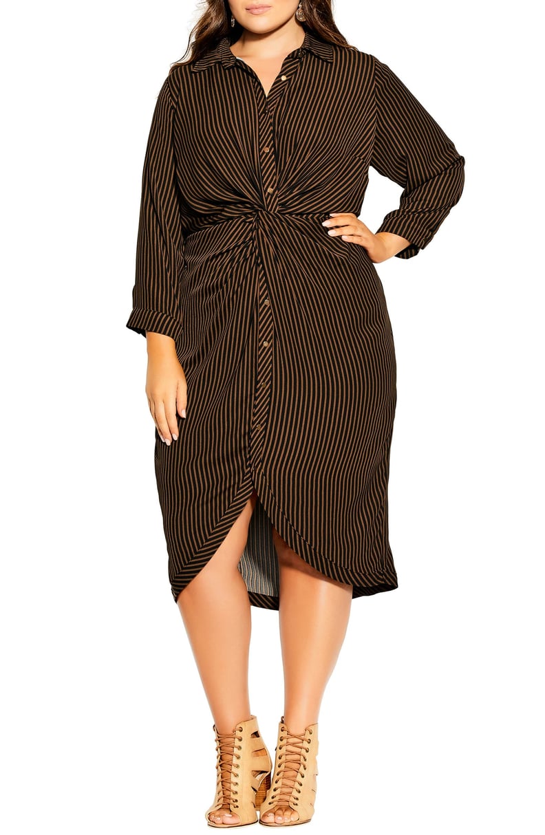 City Chic Twisted Stripe Long Sleeve Shirtdress