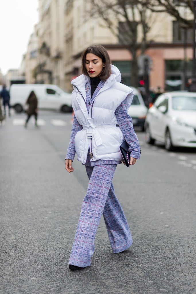 For the bold dressers out there, invest in a purple suit set. This combined with a Moncler puffy vest (as pictured on this show-goer) is probably one of our favorite outfits.