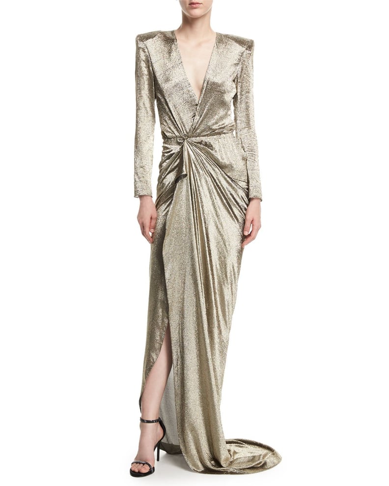 Redemption Long-Sleeve Wrap-Front Metallic Gown