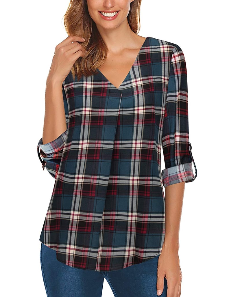 Gaharu Casual V Neck Plaid Blouse