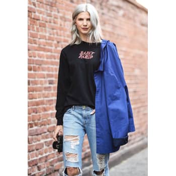 Hooded sweatshirt in denim-look printed jersey