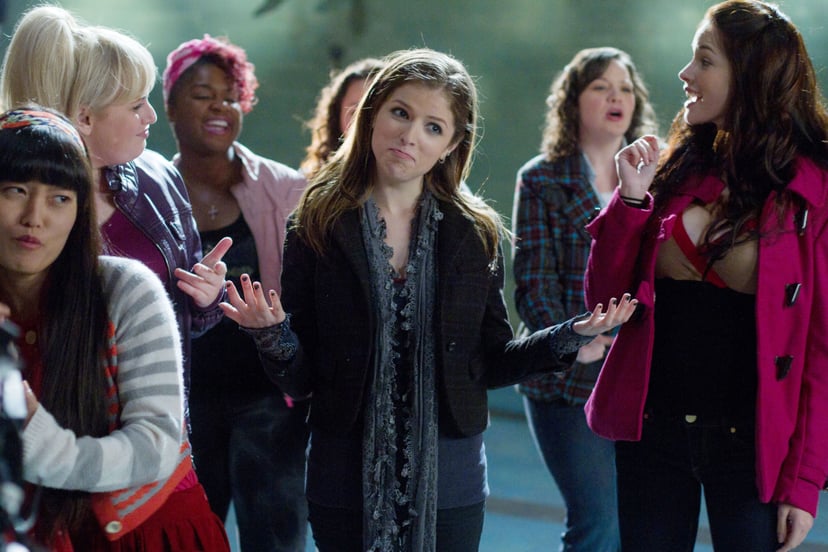 PITCH PERFECT, Hana Mae Lee (left), Rebel Wilson (blonde, left), Ester Dean (pink hair), Anna Kendrick (center), 2012. ph: Peter Iovino/Universal Pictures/Courtesy Everett Collection
