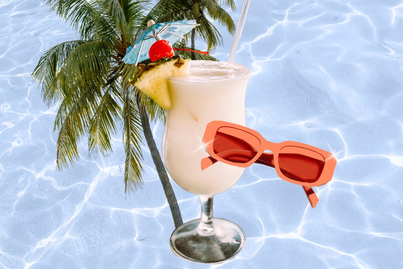 conceptual image of a tropical drink, sunglasses, and a palm tree