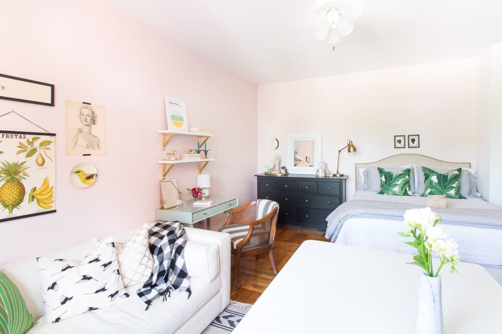 Blushpink walls add a subtle warmth and lightness to the space that
