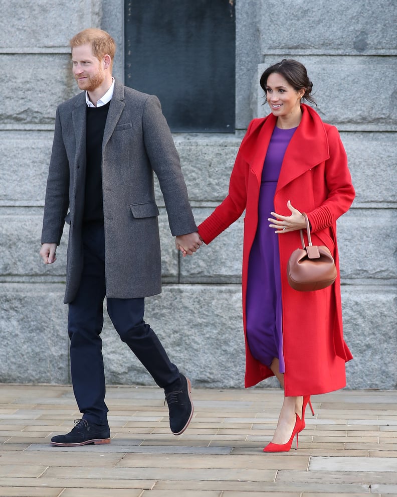 January: Meghan rocked a bold look while making an appearance with Harry in Birkenhead, England.