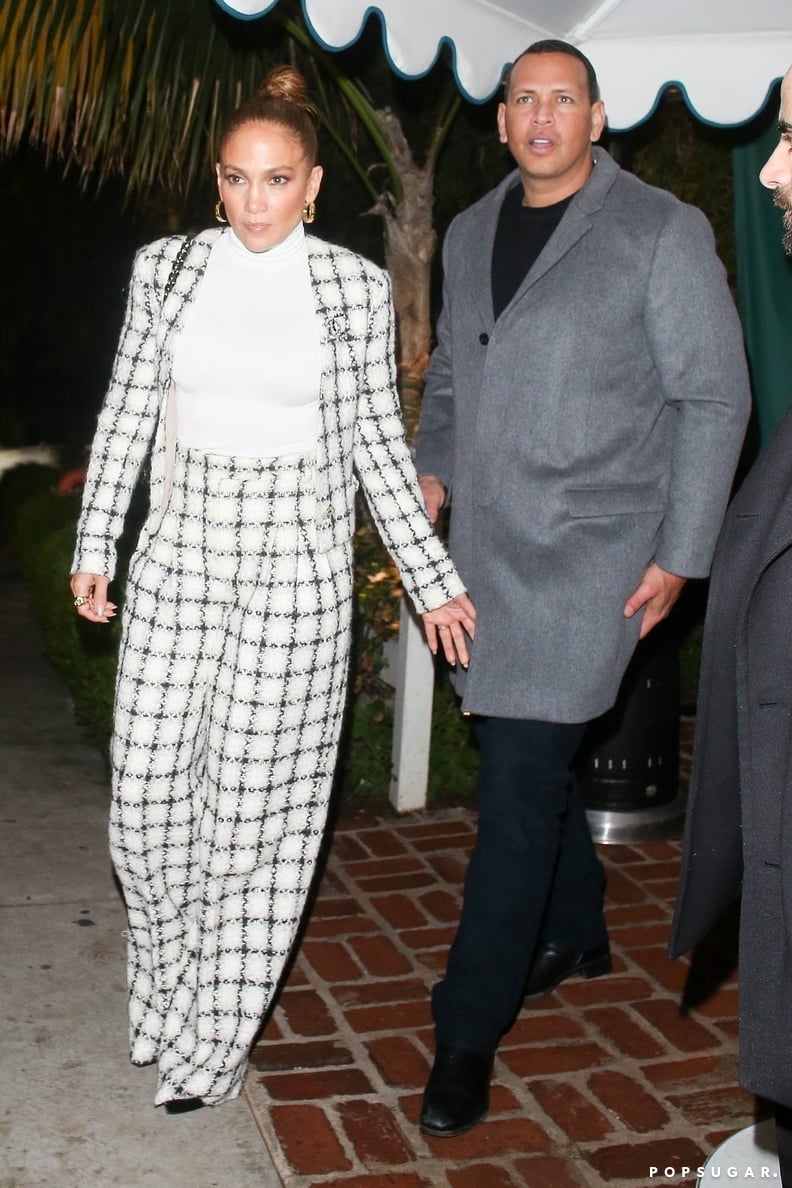 Jennifer Lopez Wearing a White-and-Black Tweed Suit