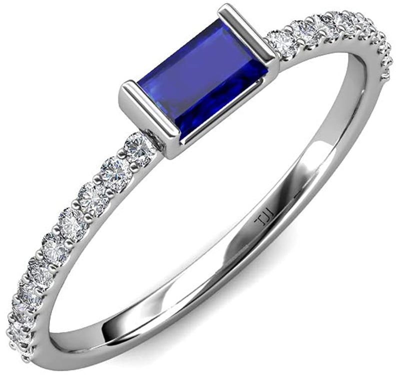 TriJewels Baguette Blue Sapphire and Round Diamond Ring