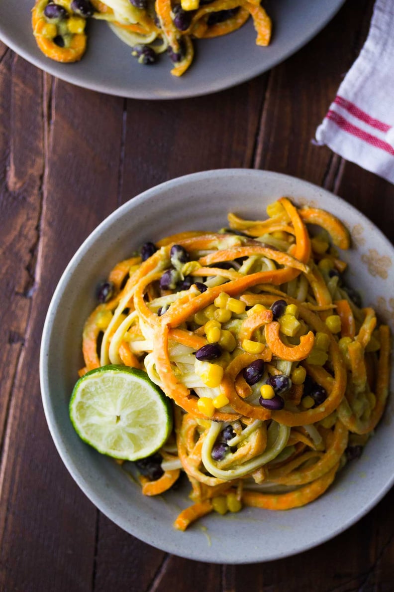 Sweet Potato Noodles With Black Beans and Creamy Avocado Sauce