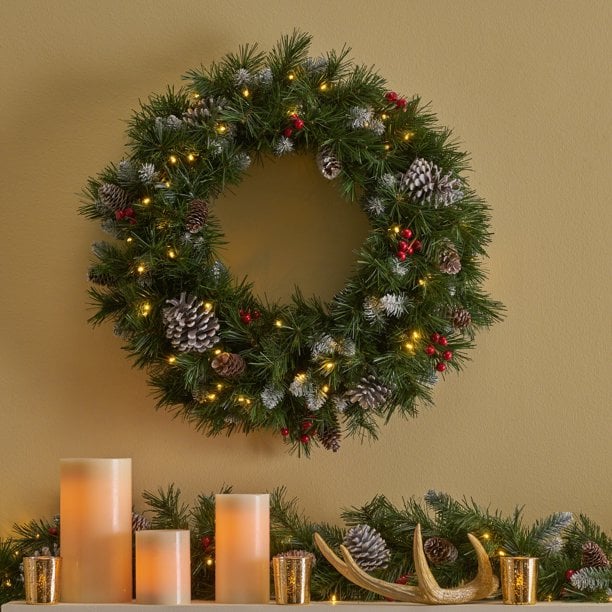 Noble House PVC Decorated Spruce Prelit Wreath