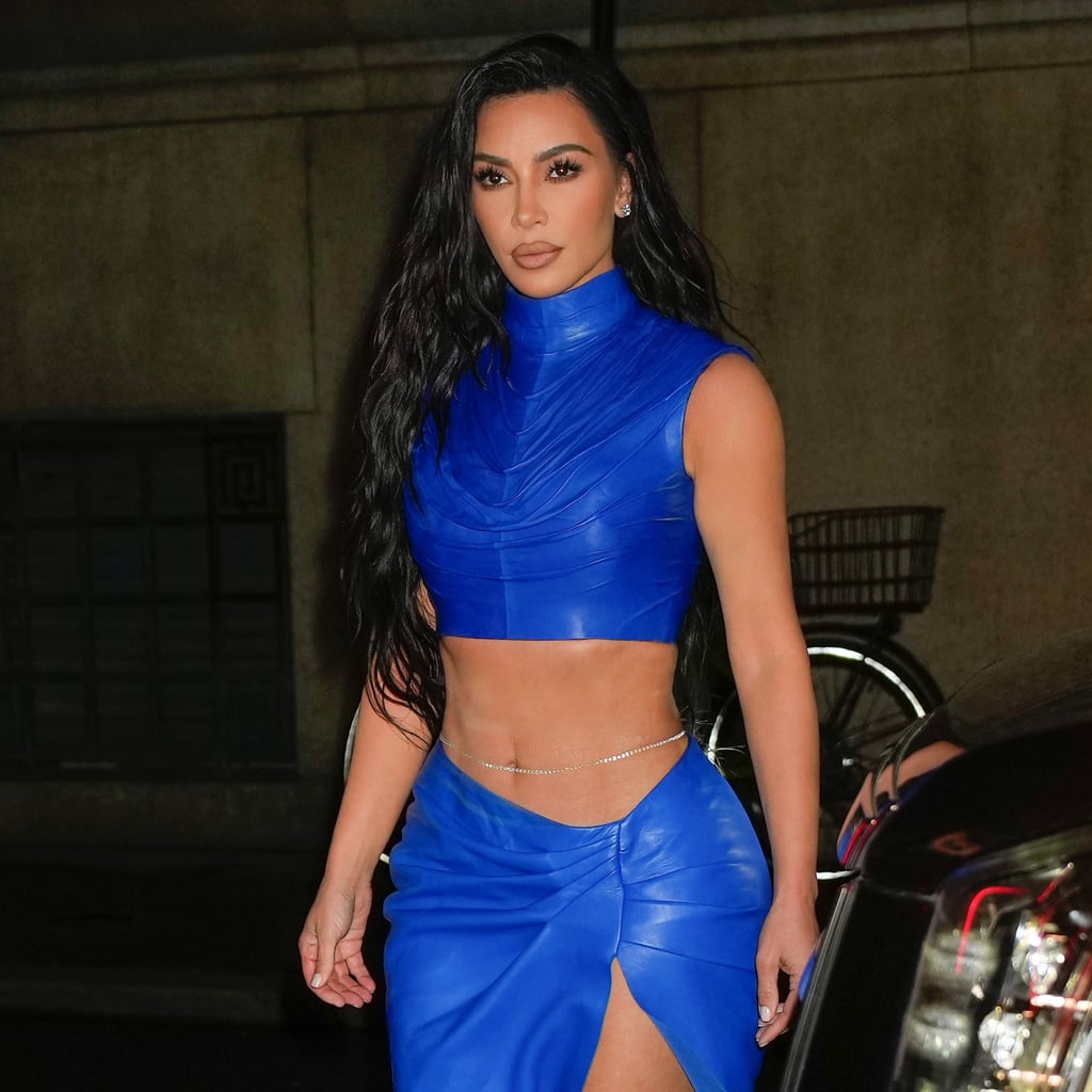 Kim Kardashian Highlights Her Abs in a Blue Latex Set and Waist Chain
