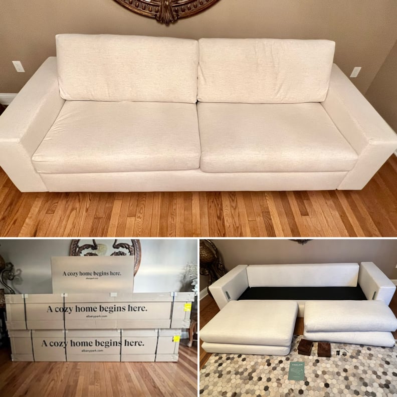 The Albany Park Barton Sofa assembled on top, in boxes on the left side, and with pieces spread out on the right side. 