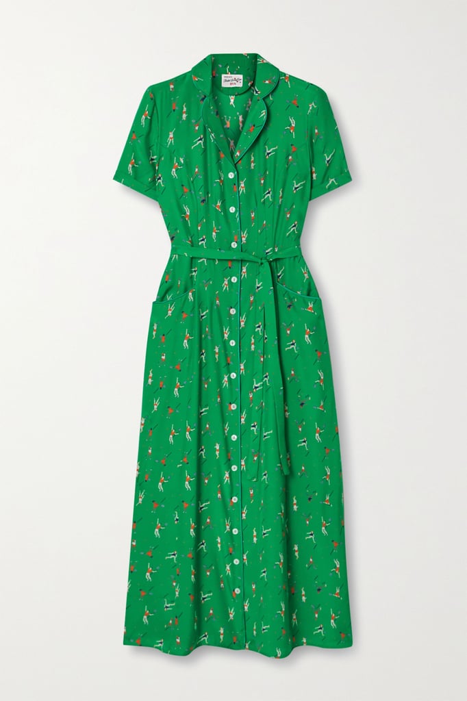 HVN Green Maria Belted Printed Silk Crepe de Chine Midi Dress