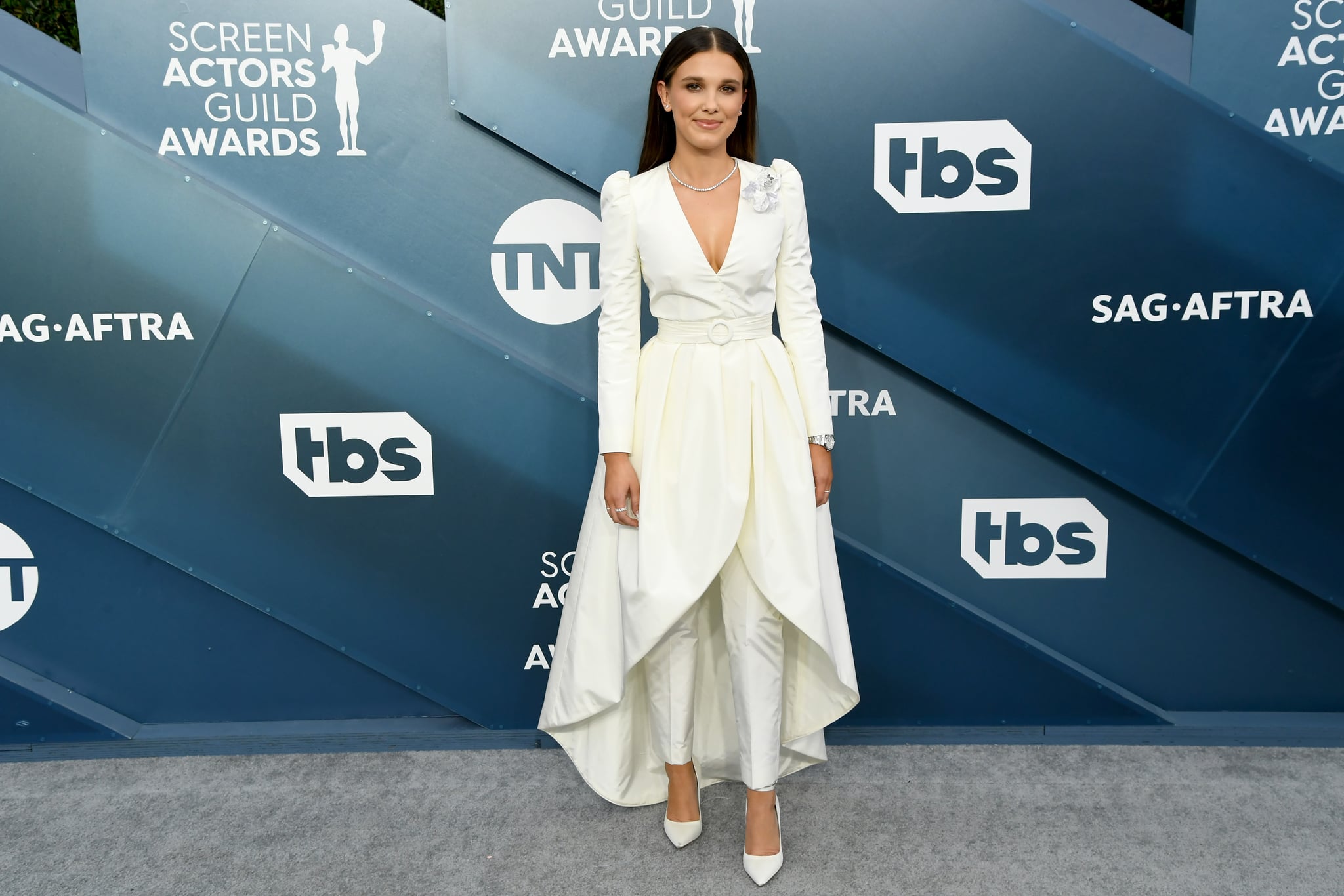 Millie Bobby Brown White Outfit At The 2020 Sag Awards Popsugar Fashion