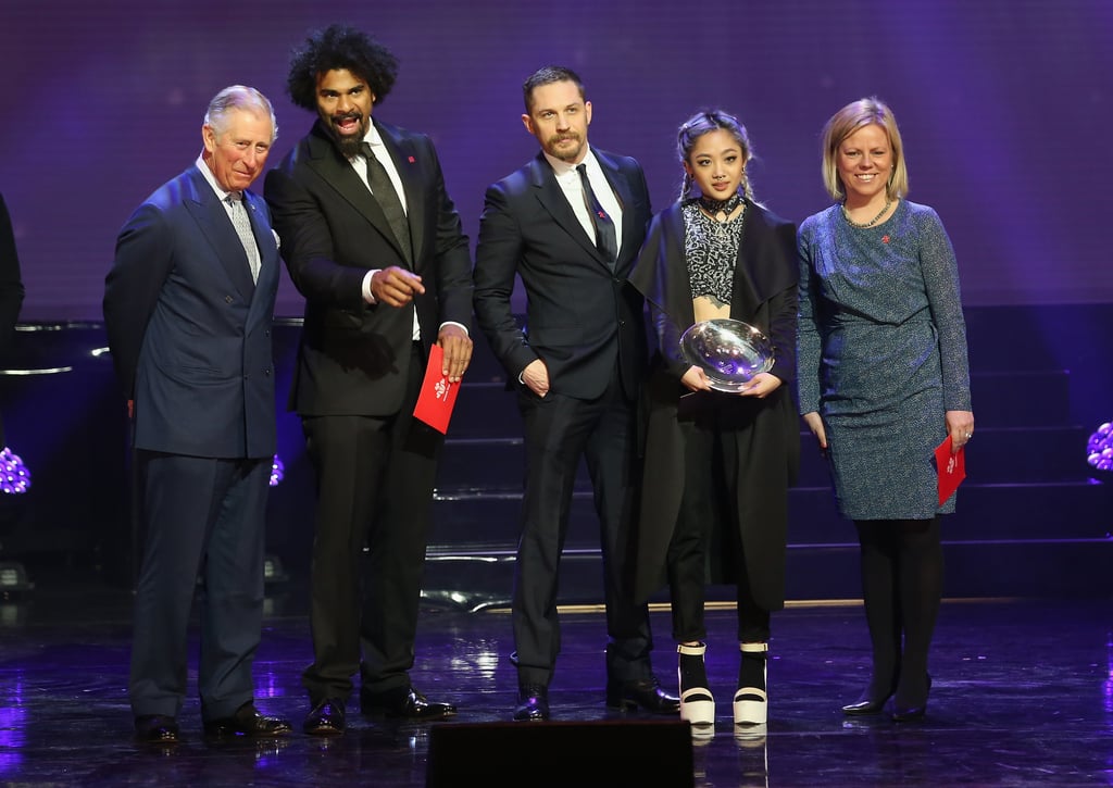 Tom then joined Prince Charles on stage during the 2016 awards, along with Breakthrough Award winner Laine Esperanzate and boxer David Haye.