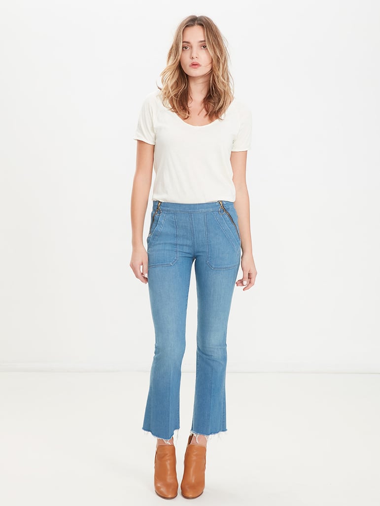 There's no better way to show off cool shoes than with a good pair of cropped and flared jeans. I love the side zip and flat front details on these Mother jeans ($258).
— Meg Cuna, style director