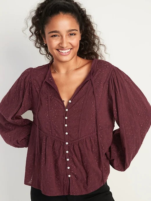 Old Navy Oversized Embroidered Cutwork Tie-Neck Blouse