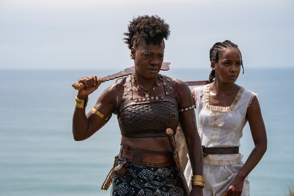 Viola Davis as Nanisca and Thuso Mbedu as Nawi in "The Woman King"