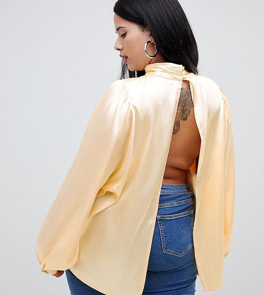 ASOS Curve Satin Long Sleeve Blouse With High Neck and Open Back