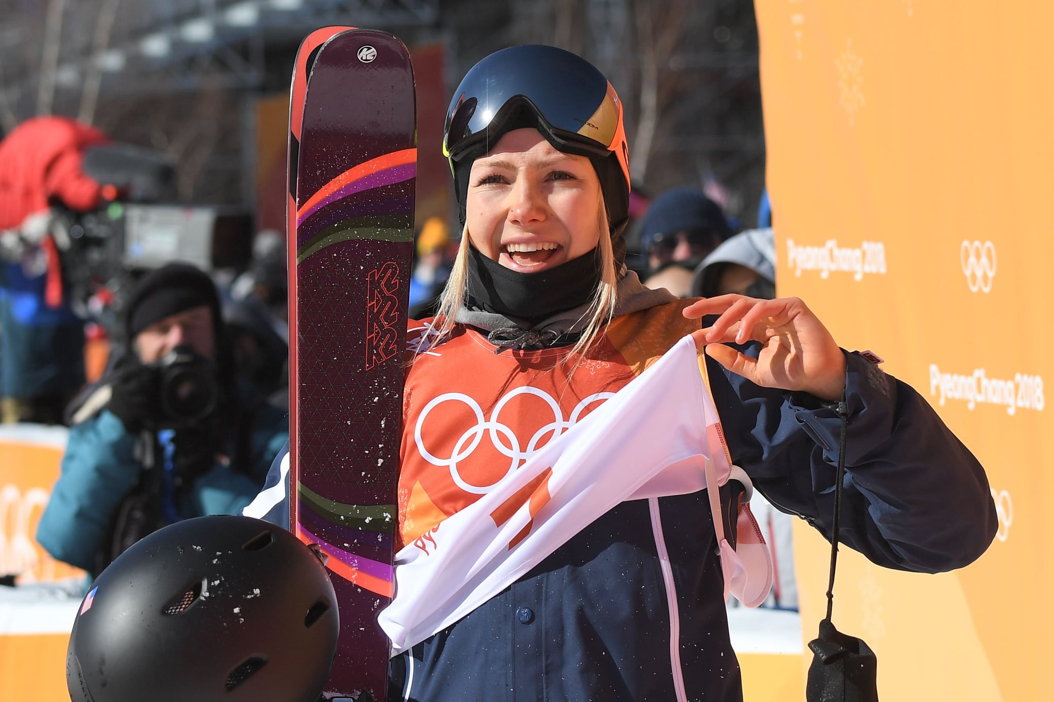 US Maggie Voisin reacts after competing in a run of the women's ski slopestyle final event during the Pyeongchang 2018 Winter Olympic Games at the Phoenix Park in Pyeongchang on February 17, 2018. / AFP PHOTO / LOIC VENANCE        (Photo credit should read LOIC VENANCE/AFP via Getty Images)